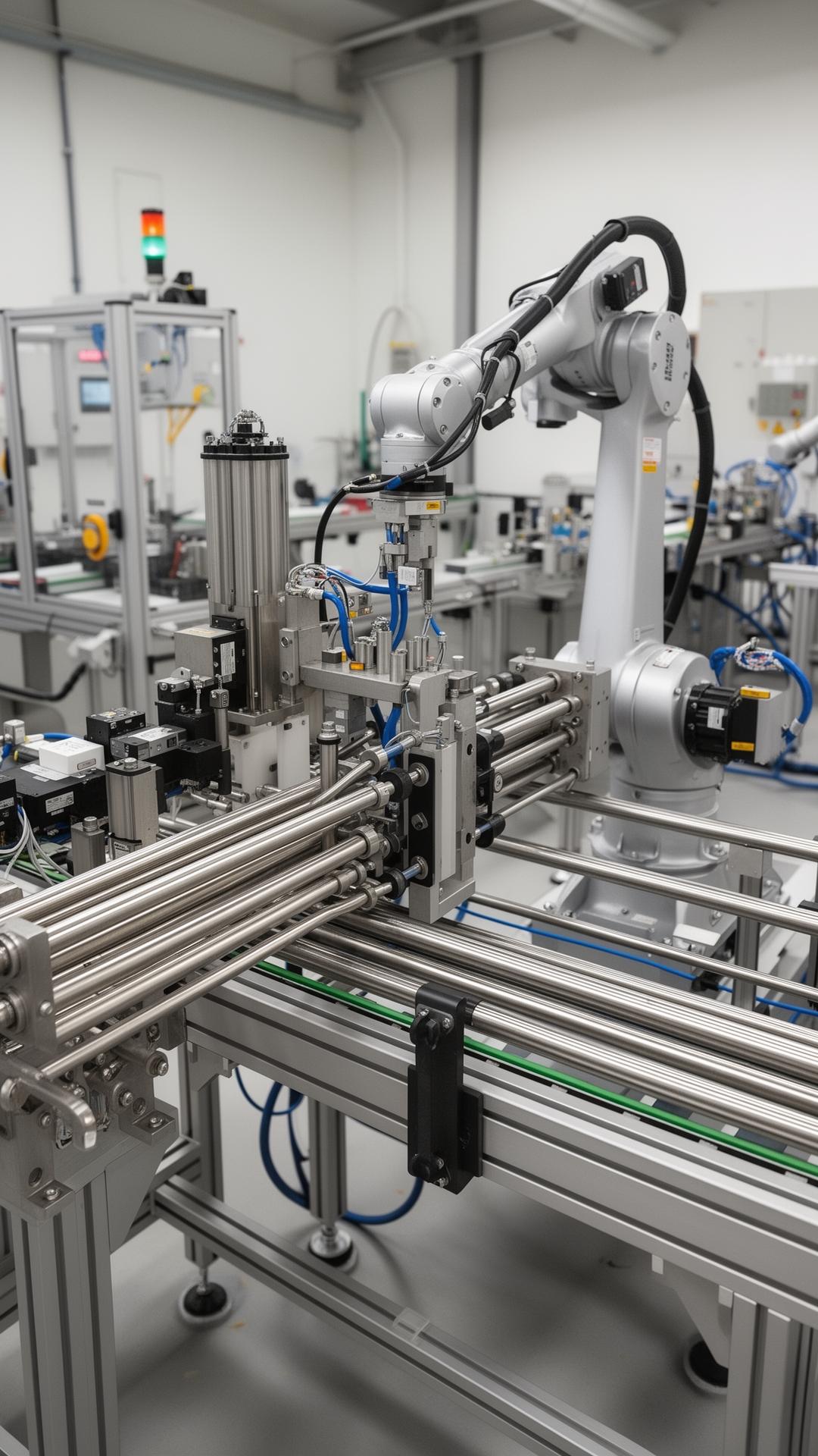 Sondermaschine mit Roboterarm und Edelstahlführungen